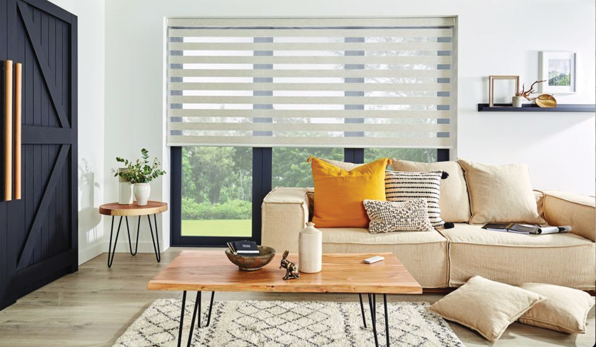Living room with new white blinds